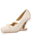 A single cream-colored satin pump with a Mary Jane strap and a metallic gold geometric heel, shown on a plain white background.