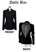 Black gothic-style blazer shown from the front and back on a mannequin against a white background, with 'Dolly Bae' text at the top and 'FRONT' and 'BACK' labels below.