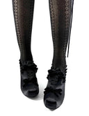 Black lace-up shoes with ruffled details and black patterned tights, shown on a white background with the text 'Dolly Bae' below.