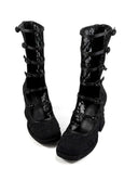A pair of black lace-up ankle boots with a textured knit pattern and glossy straps, displayed on a white background with the gothic-style 'Dolly Bae' brand name printed above.