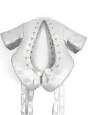 A white satin-like costume corset top with short sleeves, lace-up front, and long ties, shown on a plain white background with the text 'Dolly Bae' above it.