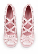 A pair of light pink satin ballet flats with criss-crossing ribbon straps and bow details on the toes, shown from a top-down view on a white background.