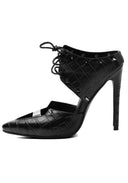 A single black high-heeled pump with a textured crocodile-embossed pattern, featuring a pointed toe, open side cutout, and ankle lace detail, shown against a plain white background.