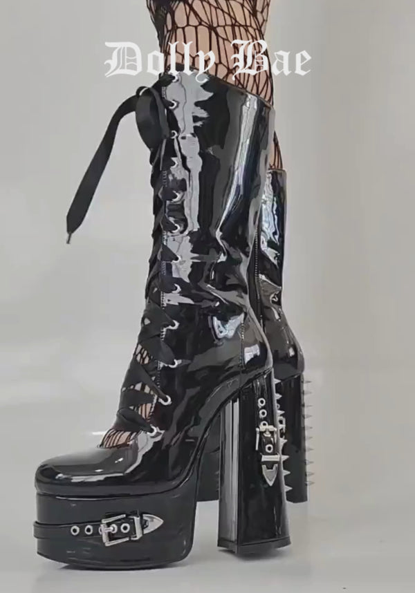 Gothic Knee High Platform Boots Black Patent High Heel